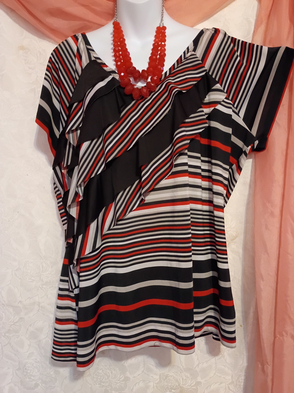 Ashley Stewart Ladies Black, Red & White Striped Ruffle Sleeve Top Sz 24